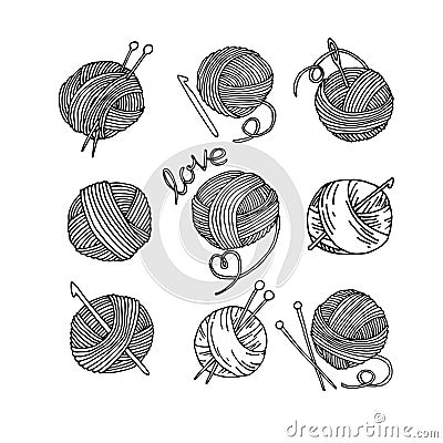 Vector doodle style drawing, set of knitting wool balls with knitting needles and crochet hooks. knitting symbol, hobby, handmade, Stock Photo